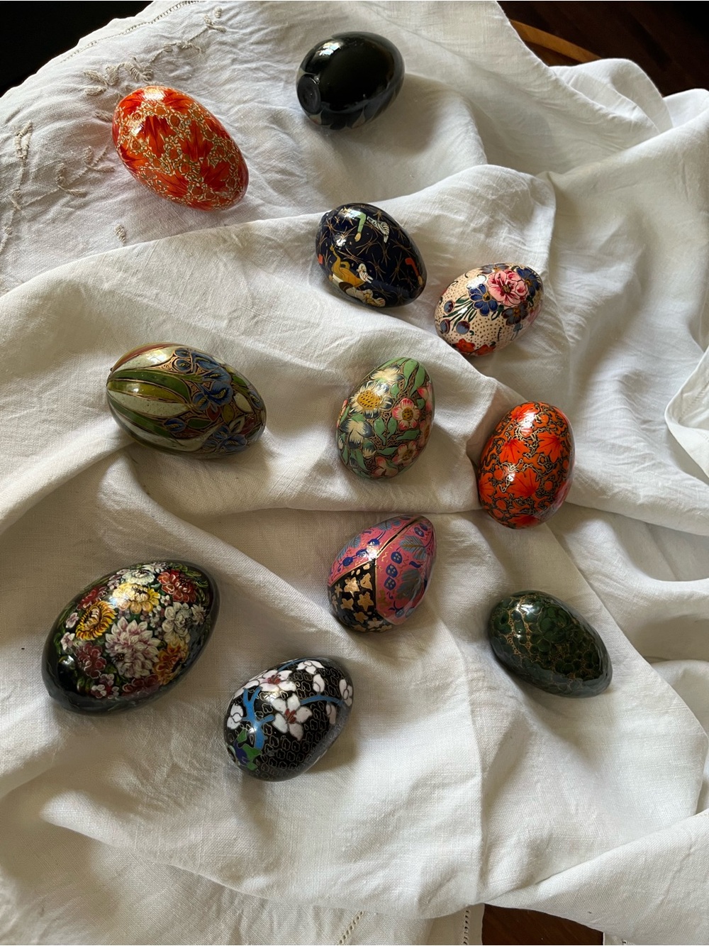 Set of Decorative Cloisonné-Style Floral and Pysanka Eggs